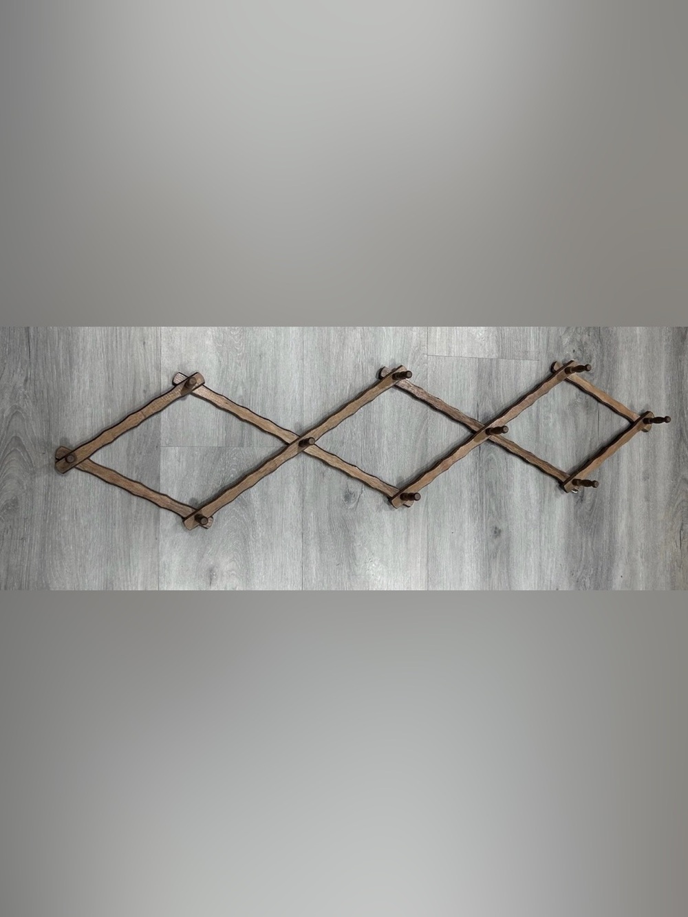 Vintage Dark Wood Accordion Wall Rack - Expandable Peg Rack - 10 Pegs - 50” Max